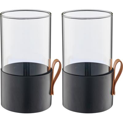 Windlicht CREATIV HOME "Windlicht", schwarz, H:16,5cm Ø:8cm, Glas, Leder, Metall, Kerzenhalter, Windlicht, mit Lederhenkel