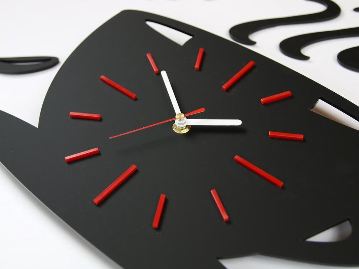 Moderne wandklok COFFE TIME zwart met analoge wijzerplaat