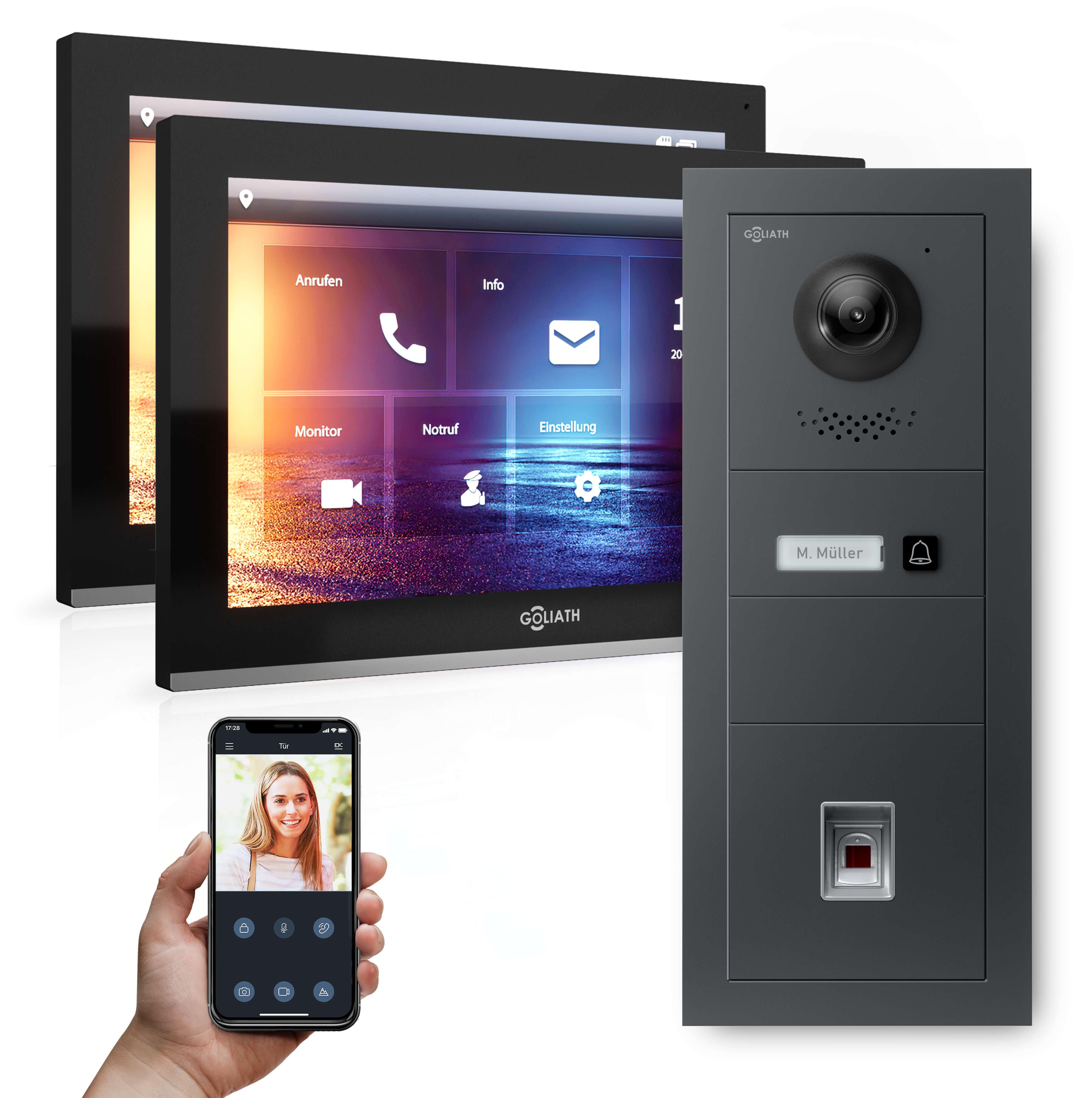 GOLIATH Hybrid IP Gegensprechanlage | Anthrazit | 1-Fam | 2x 10" HD | Fingerprint | 180° Kamera
