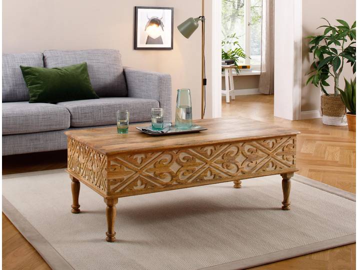 Couchtisch OTTO HOME Spring , orange (mango), B:120cm H:45cm T:60cm, Tische, Couchtisch, aus massivem Mangoholz mit detailreichen Schnitzereien, Breite 120 cm