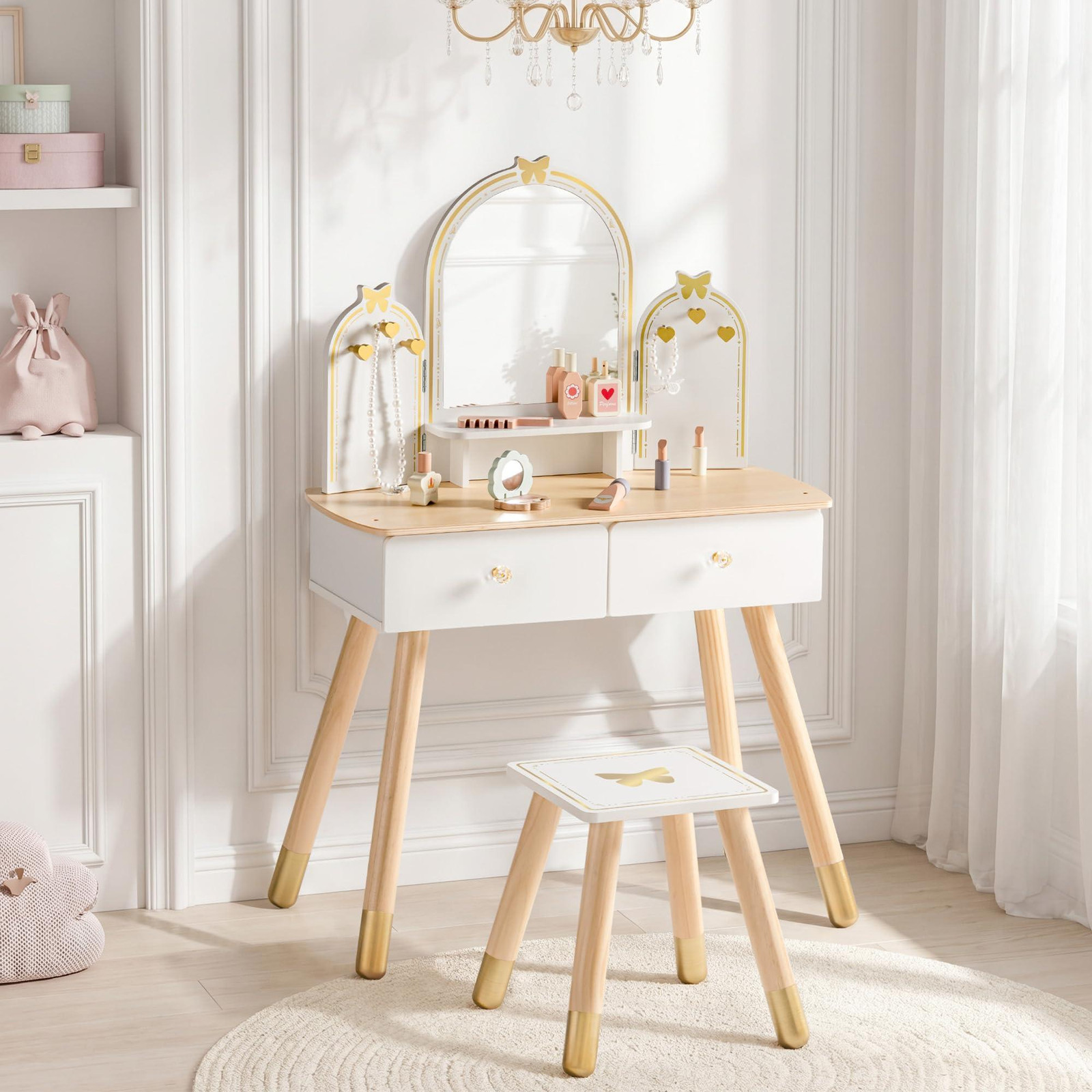 Robuste houten make-uptafel voor kinderen inclusief krukje en spiegel