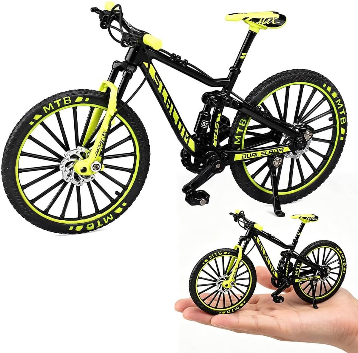 SnelShoppen Mini Mountainbike Model Vingerfiets Legering Zwart en Groen 1:10 Schaal