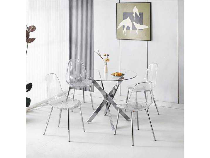 Ensemble repas 5 pièces chrome 1 table et 4 chaises pieds en métal argenté