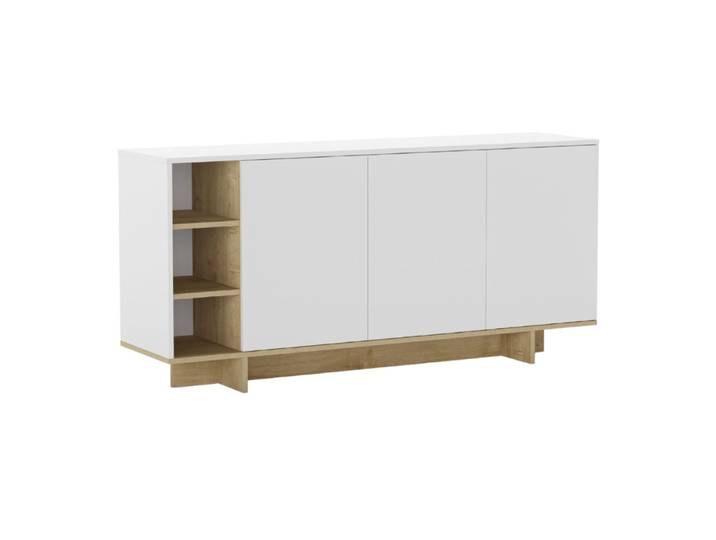 Buffet 3 portes 3 niches 170cm en mélaminé blanc et imitation bois