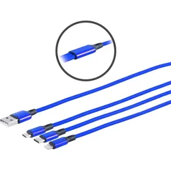 USB-A Ladekabel, 3-fach, Alu, blau, 1,2m