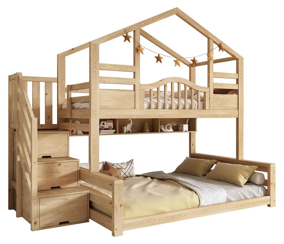 Kinder-Etagenbett - Hausbett aus Holz - 90 x 200 cm - Treppe mit Stauraum - Ablagefächer - Ohne Matratze - Naturfarbe
