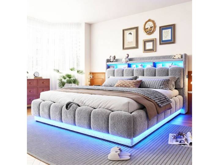 Lit 180x200cm avec Sommier LED et USB Lit Coffre 180x200cm avec Hydraulique cadre de lit Double avec à Lattes Gris