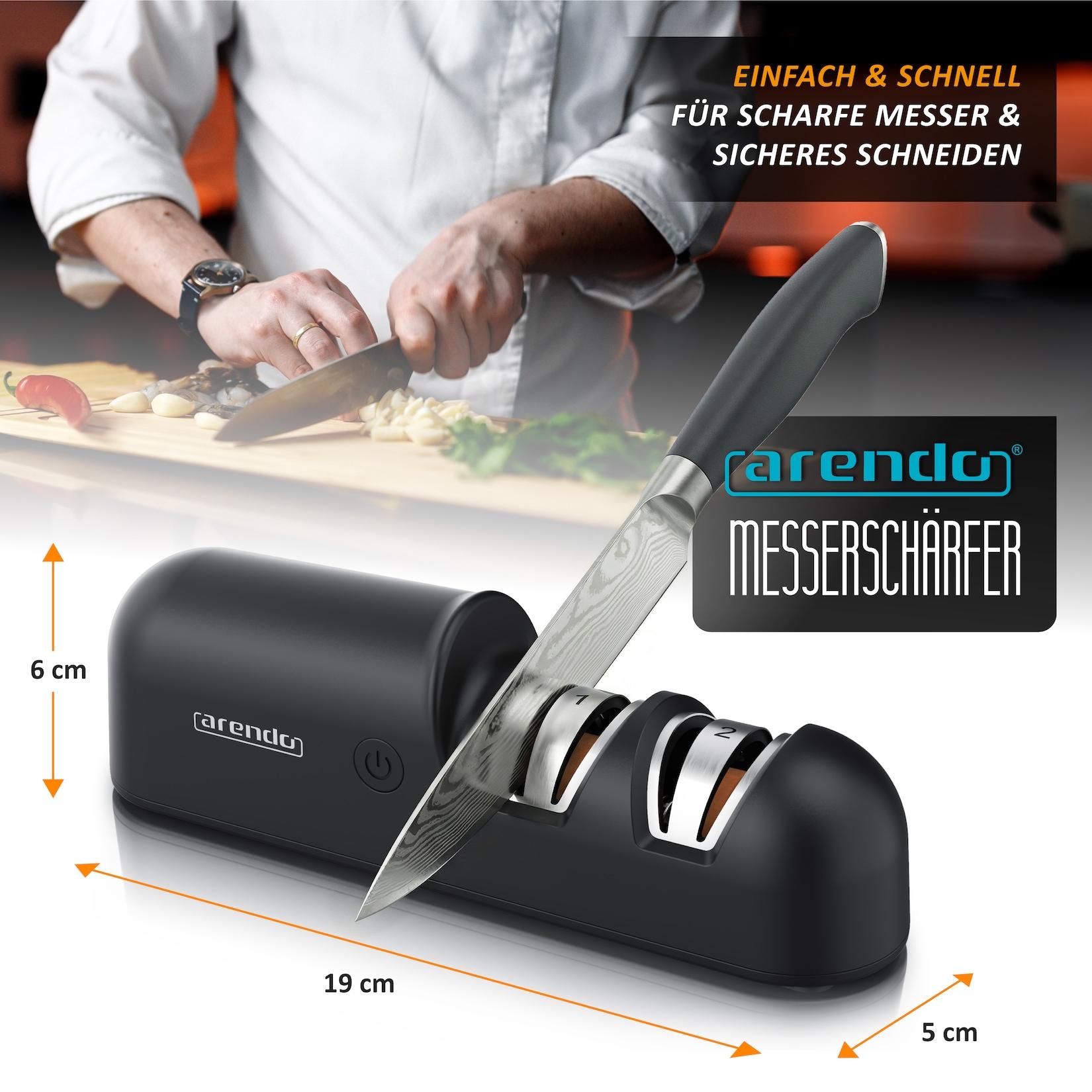 Arendo Messerschärfer Elektrisch Profi Messerschleifer für verschiedene Messer, Kompakt, 2-Stufen Grob- & Feinschliff, 1200mAh Akku, Edelkorund, USB-C