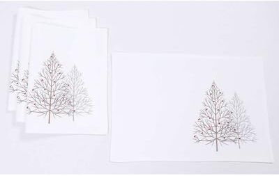 Manor Luxe "Festive Trees Christmas Placemats 14""x20"", White, Set of 4"