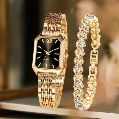 Fusion Finds Luxury Women's Quartz Watch Set With Rhinestone Bracelet & Rectangle Roman Dial Dress Watch gold Black Kit