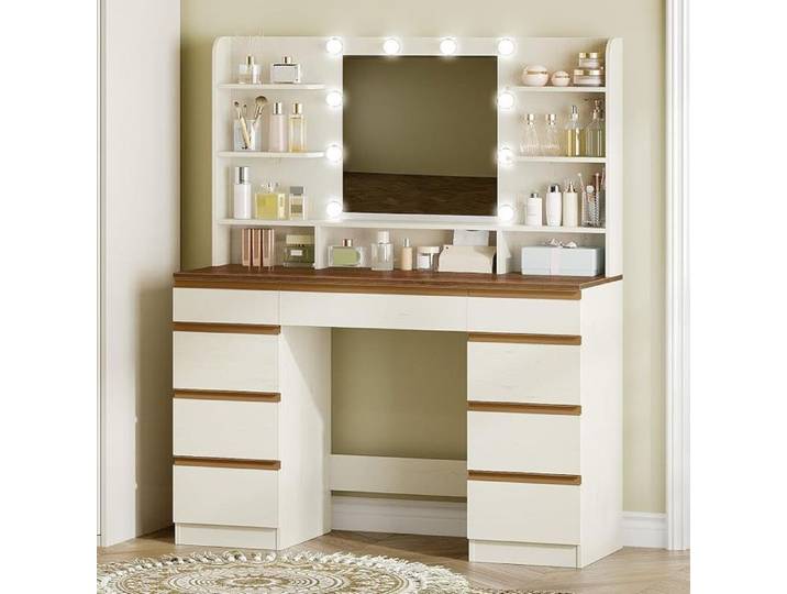 Coiffeuse avec Éclairage LED Coiffeuse avec Miroir Blanc-Marron 10 Boules Lumineuses Led 3 Couleurs Luminosité Réglable Miroir