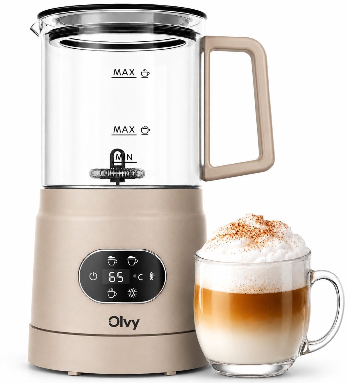 Olvy Elektrische melkschuimer van glas, 4-in-1, 500W, met temperatuurindicator, beige