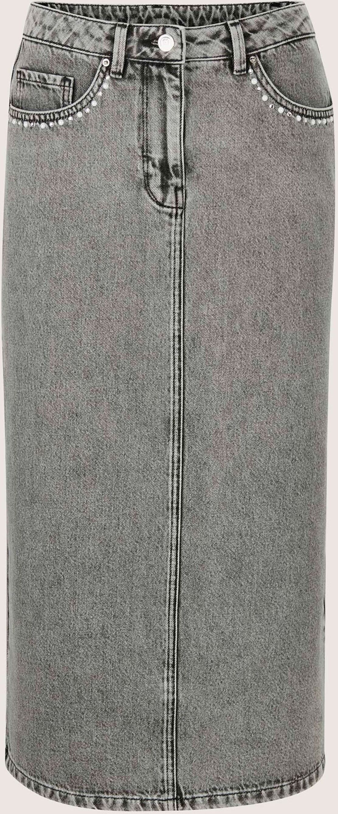 Maxirock MADELEINE "Rock Jeansrock mit verzierten Taschen", Damen, Gr. 38, grau, Modern, regular fit, Röcke Maxirock