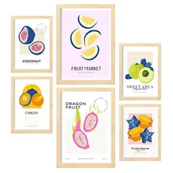 POSTER Set Mit 6 Lebensmittel Und Ernährungs Seltene Früchte Natur Und Ernährungs Für Innenarchitektur A3 & A4 Rahmen Aus Hellem Holz