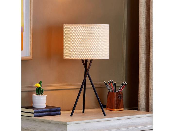Tischlampe Soula Lindby, creme / amber, für Wohn- / Esszimmer, Kunststoff, Landhaus / Rustikal, Tripod Stehleuchte