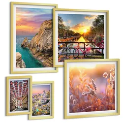 BILDER SET 5er Set - 50x50 cm & 20x30 cm & 40x60 cm Goldrahmen - Sonnenuntergänge am Meer