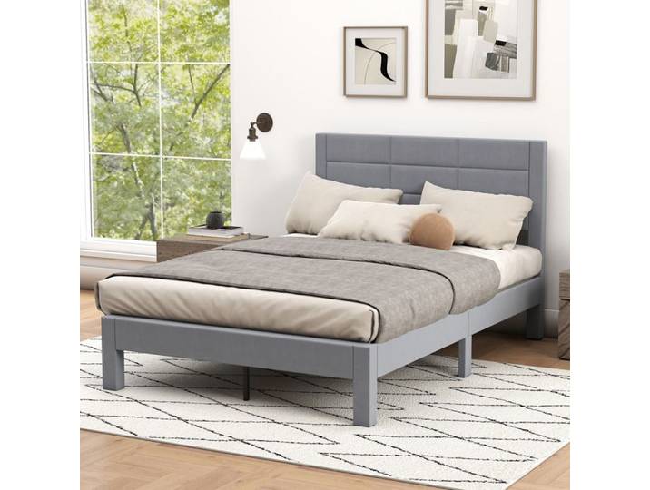 GIANTEX Lit Adulte 140 x 200 cm-2 Personnes-Tête de Lit-Tissu en Velours-Cadre de Lit à 12 Lattes-Pieds en Bois de Caoutchouc-Gris