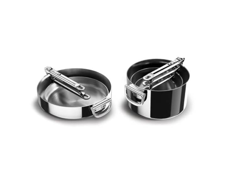 Joseph Joseph Space Steel 5-teiliges Edelstahl Kochgeschirr Set mit Klappgriffen, 3-lagige Induktionstöpfe und Pfannen, Platzsparend Stapelbar
