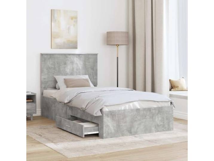 KTHLBRH Bettgestell mit Kopfteil, Zementgrau, 100 x 200 cm Technisches Holz, Behälter, modernes Design, Doppelzimmer
