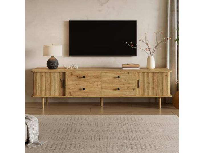 Merax TV-Lowboard 165x40x46 cm mit 4 Schubladen, 2 Schiebetüren & abgerundeten Ecken – modernes Sideboard, Holzfarbe