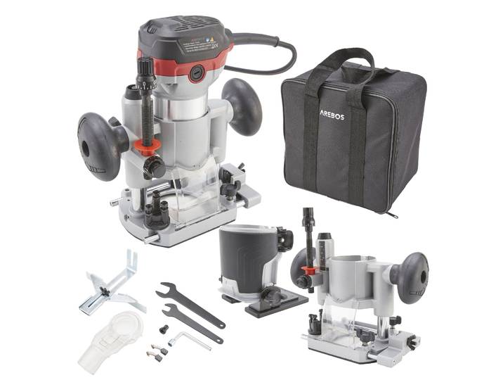 AREBOS Défonceuse 710 W 6 vitesses\, base plongeante & trimmer Blocage de la broche
