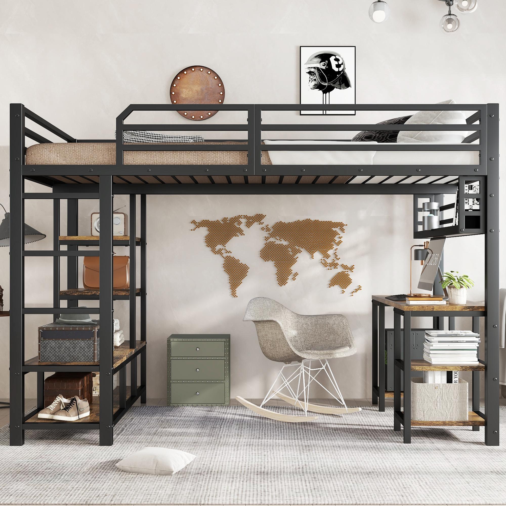 Flieks Etagenbett 120x200cm mit Schreibtisch und Regal, Kinderbett Hochbett mit Rausfallschutz und Lattenrost, Stockbett Schwarz