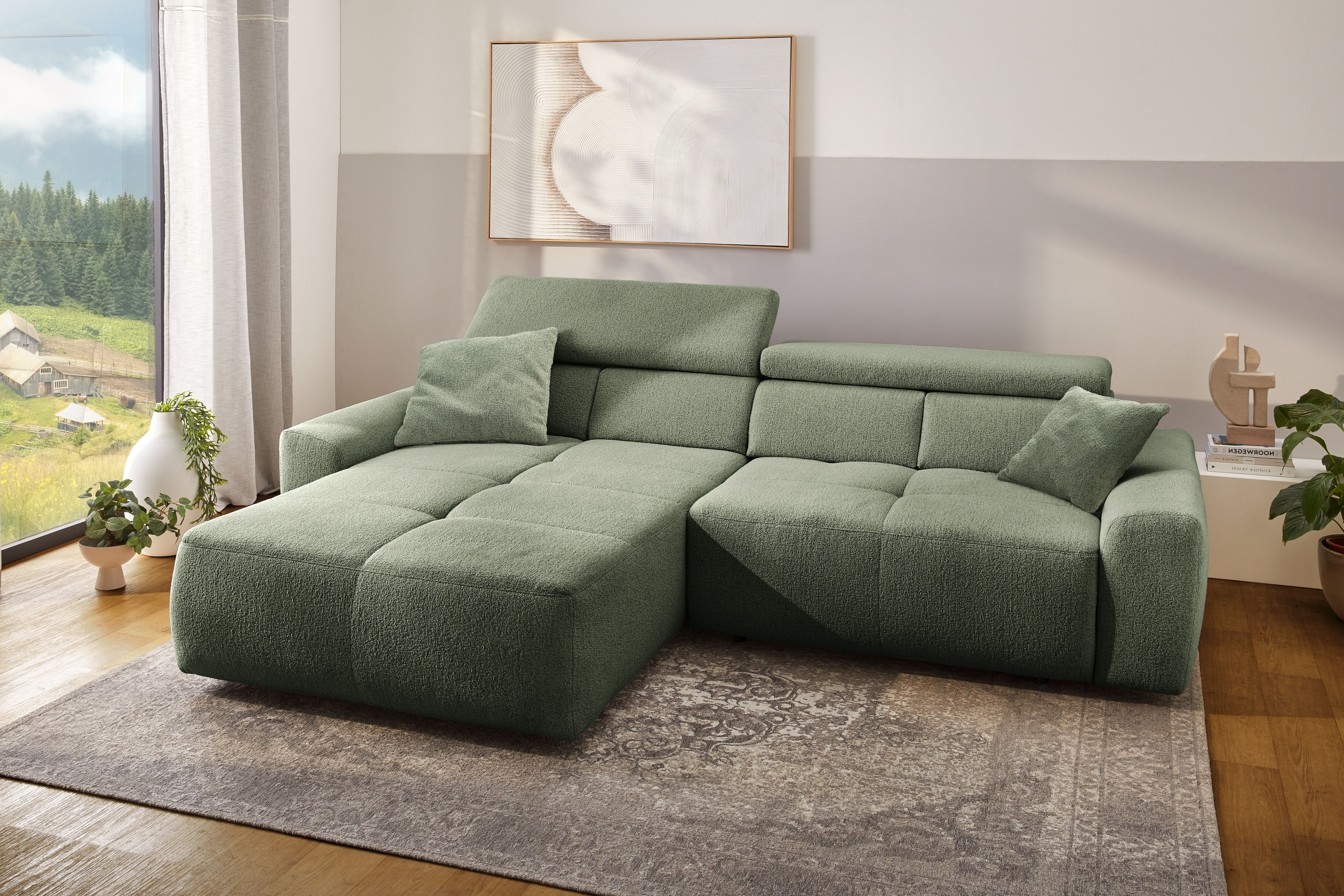 Ecksofa JOCKENHÖFER GRUPPE "Unos L-Form, B: 299 cm, mit 60 cm elektr. Sitztiefenverstellung", grün (salbei, grün), B:299cm T:211cm, Korpus: 100% Polyester;Kissen: 100% Polyester, Sofas, Ecksofa, 140kg Belastbarkeit, USB-Anschluss, Kopfteilverstellung & Zi