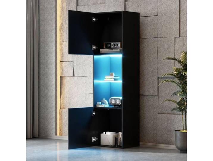 Vitrine noire brillante avec éclairage LED meuble de rangement pour salon hauteur 160 cm design minimaliste moderne noir.