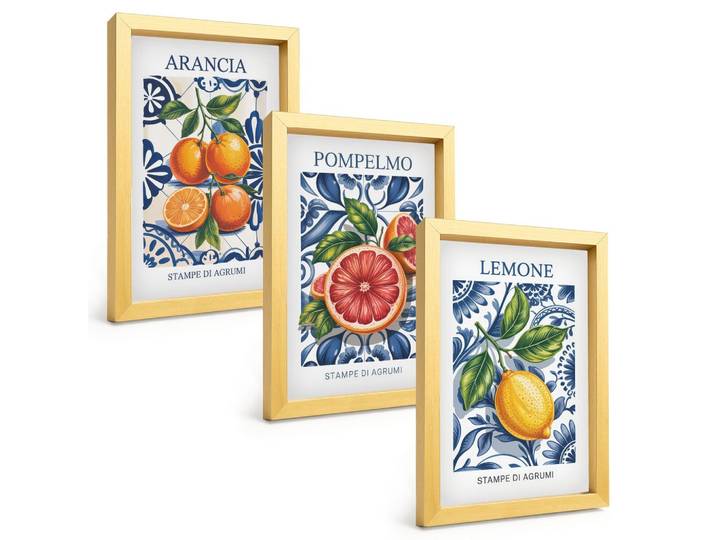 BILDER SET 3er Set - 20x30 cm Goldrahmen - Italienische Zitrus-Modeplakate