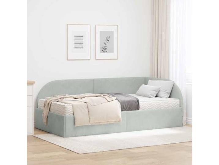HFMDRMU Samt-Eckbett mit Matratze und wandmontiertem Kopfteil, hellgrau, rechteckiges Design mit Sperrholzrahmen, mittelharte Schaumstoffmatratze, manuell verstellbar, modernes