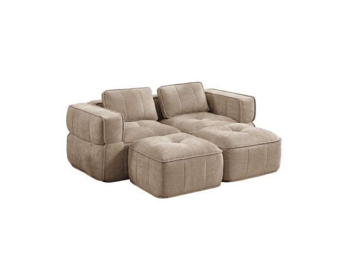 Komhtom 2-Sitzer-Sofa mit 2 Hockern, minimalistisch, Polyester-Sandfarben, Mode, 162x67x198 cm, Wohnzimmer, Sofas & Couches, Sofas, 2-Sitzer Sofas