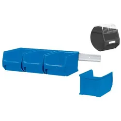 PROREGAL Wandleiste mit 4x Blaue Sichtlagerbox 3.0 mit Abdeckung | HxBxT 12,6x60,5x23,6cm | Wandhalterung, Kleinteileaufbewahrunghalterung