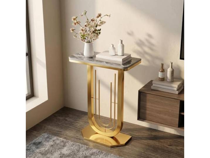 YTSJXN Moderner Konsolentisch schmal, Beistelltisch Flur, U-Gestell Metall Flurtisch Schmal, Moderne Sofatisch, Sintersteinplatte, Stabile Eisenrahmen, Platzsparendes U-Design(Gold Gray,60X30X75CM)