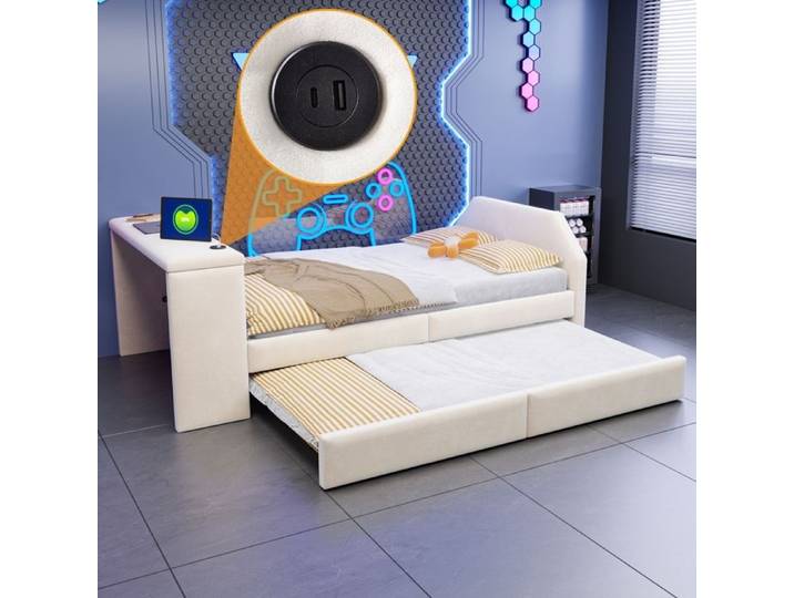 Lit 90x200cm avec lit gigogne avec Ports de Chargement USB cadre de lit avec sommier à Lattes et Bureau Lit Enfant 90x200cm Beige