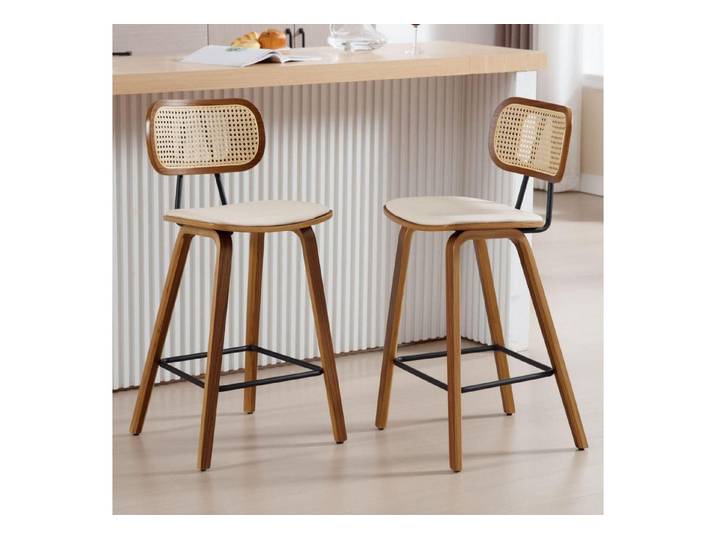 LuxusKollektion Barhocker Barhocker 2er Set Rattan Lehne Holzbeine Kunstleder Beige