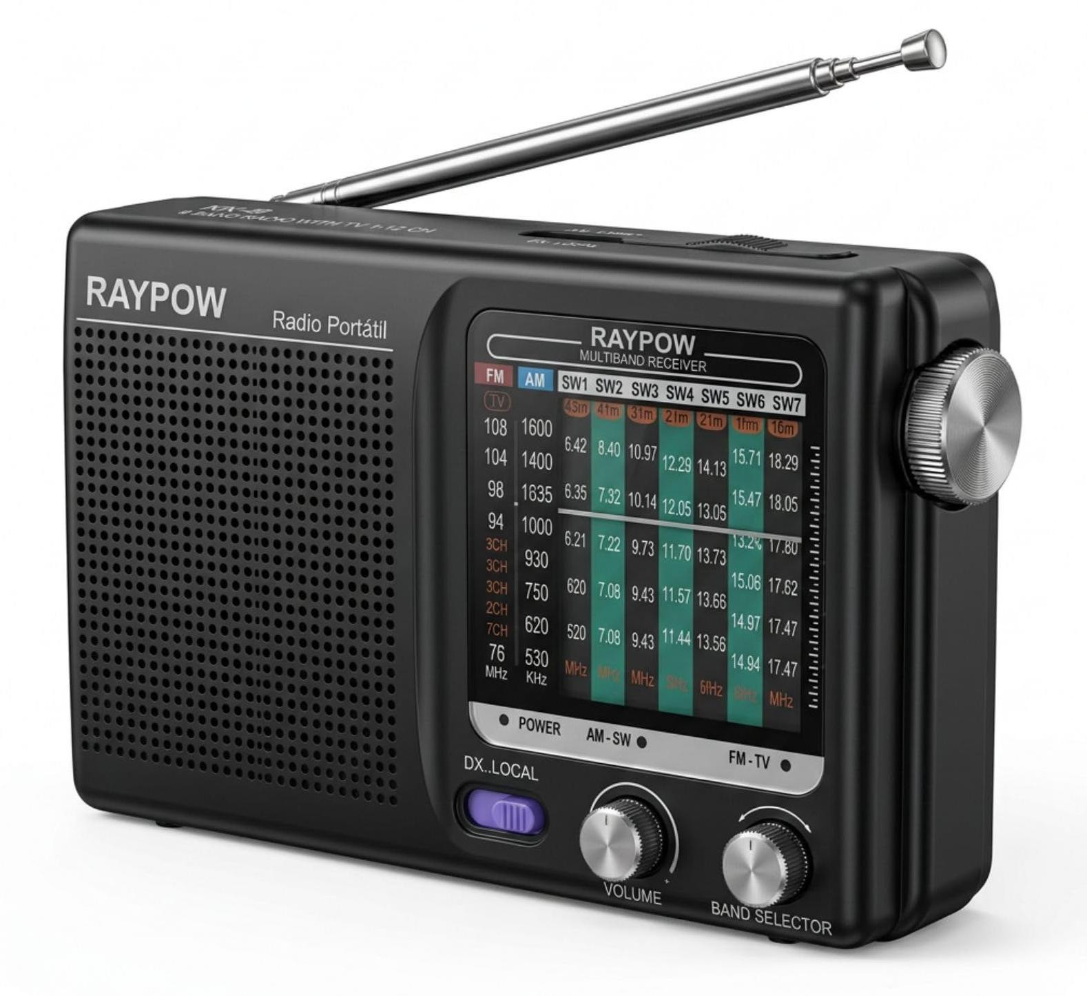 Lustrens Draagbare transistorradio met 9-bands FM/AM/SW1/SW7 en 2 AA-batterijen