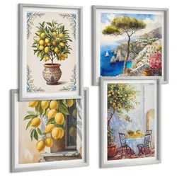 BILDER SET 4er Set - 50x50 cm & 40x60 cm Silberner Rahmen - Zitronenbäume in der Sonne