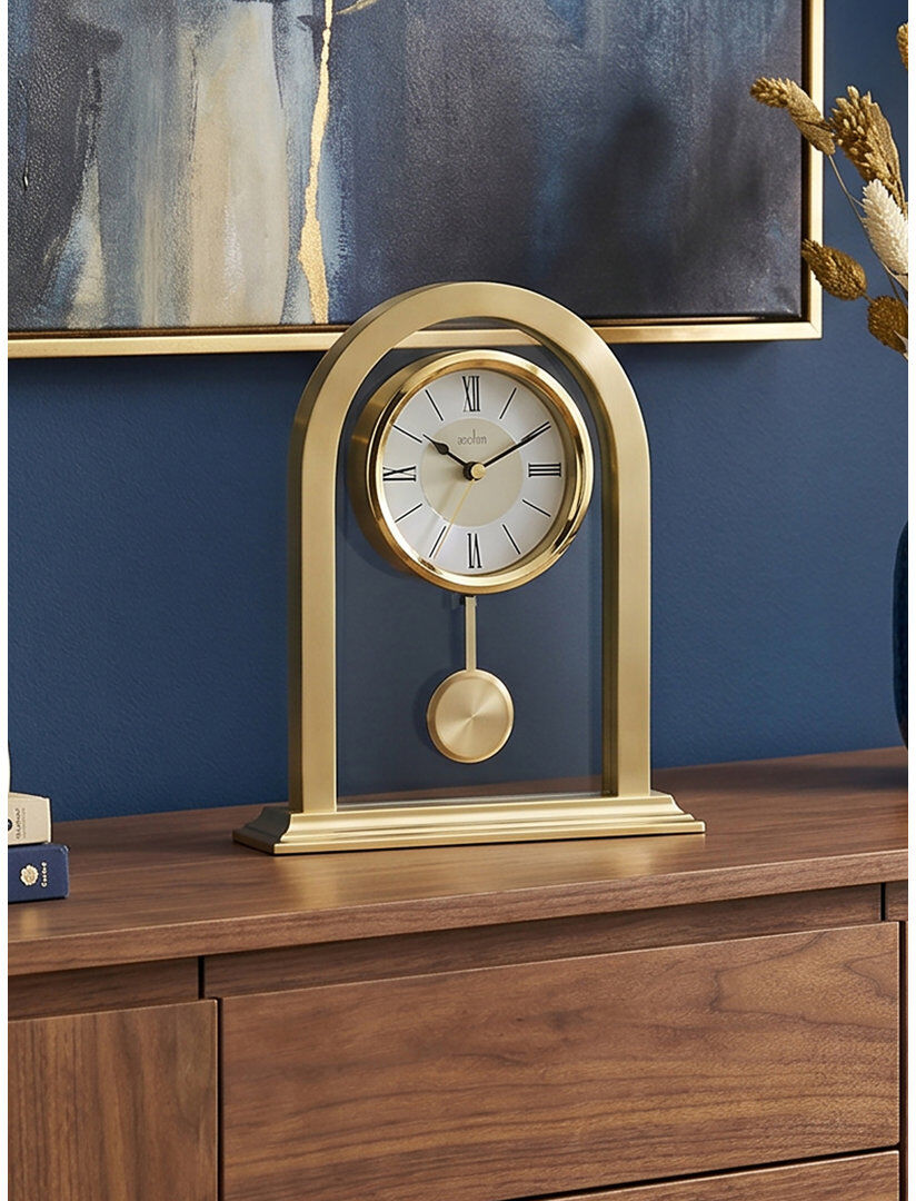 Acctim Colney Pendulum Mantel Clock Quartz Brushed Metal & Glass Energy Efficient Movement Gold Gold 20cm H X 16.6cm W X 4.7cm D