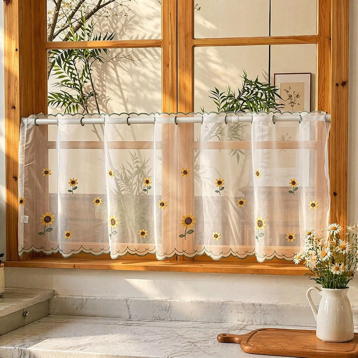 Geel geborduurd bloemen gordijn, vintage landelijk kort raampanel voor keuken of badkamer, licht doorlatend, 150 x 50 cm