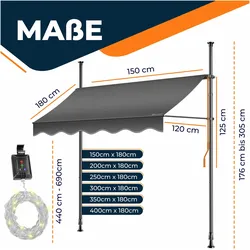 Kesser, Markise, Klemmmarkise Balkonmarkise mit Handkurbel und LED Lichterkette (2 m)