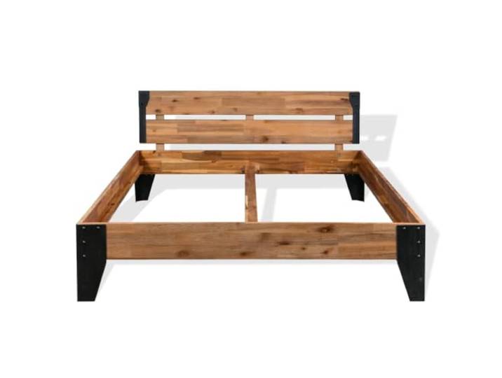 KKgypkn Massivholzbett Akazie Stahl 152x203 cm, gebürstetes Akazienholz mit schwarzen Stahldetails, stabiles Bettgestell im Industrie-Stil, inklusive Mittelstützen, ohne Matratze