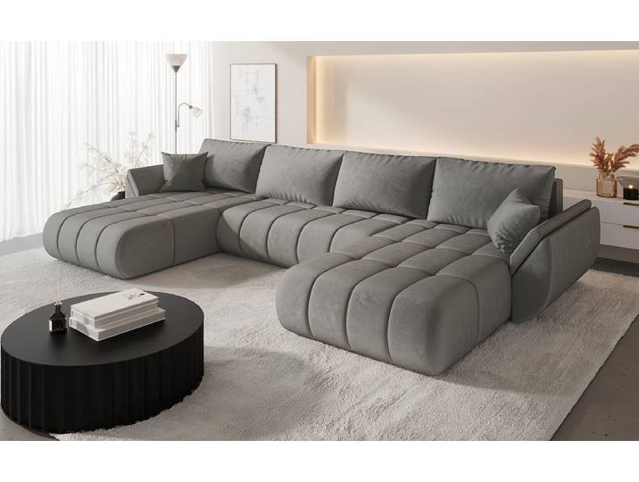 Designer Sofa Lenoa U mit Schlaf- und Klappfunktion in Samt - Samt - Hellgrau - Luxusbetten24