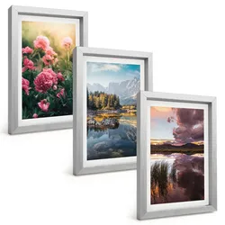 BILDER SET 3er Set - 20x30 cm Silberner Rahmen - Blumengarten Berge Wasser