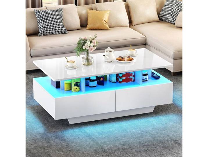 YITAHOME Table Basse Blanc Laquée LED 16 Couleurs Étagère Ouverte 4 Tiroirs 90x55x41 1 cm