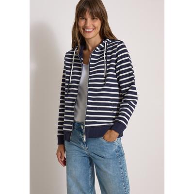 Langarmshirt CECIL, Damen, Gr. L (42), blau (urban dunkelblau), Web, 100% Baumwolle, gestreift, normal normal, ohne Ausschnitt, Bündchen, Shirts Langarmshirt, mit Kapuze mit Tunnelzugband, Topseller