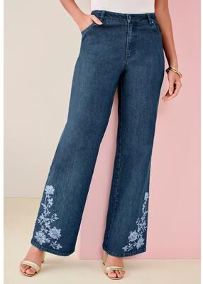 Plus Size Women's Embellished Wide-Leg Jeans by Roaman's in Medium Stonewash Floral Embroidery (Size 32 W)