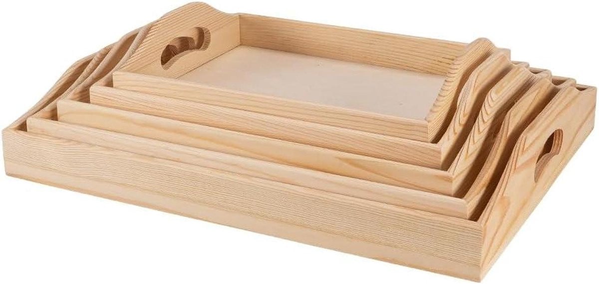 Set van 5 houten dienbladen met handgrepen voor decoratie en creatief knutselen, naturel