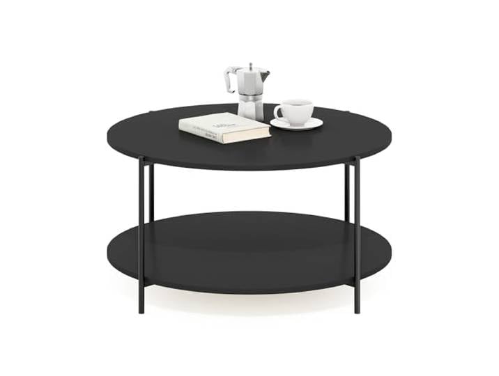 Furinno BESI Couchtisch, runder 2-Ebenen-Couchtisch mit Stauraum, Ablage und Metallbeinen, für Wohnzimmer, Dunkles Americano
