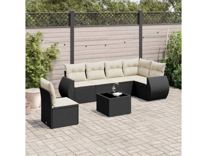 KTHLBRH Gartenmöbel-Set aus Polyrattan, 7-teilig, Schwarz Eckig, 3 zentrale, 2 Sessel, Glastisch, abnehmbare Kissen