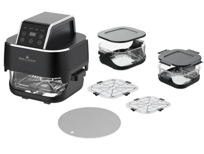 Heißluftfritteuse, 4L & 1,5L Glas, Doppelkorb, Touch Display, 7 Programme, Nachtschwarz,1500W (KHF-400 Standardausführung mit Silikonunterlage)